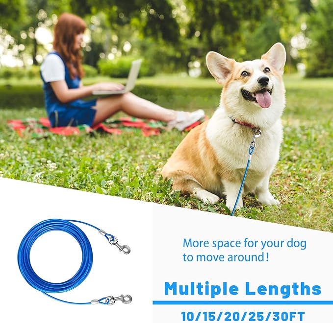 Dog Tie Out Cable 10/15/20/25/30 FT Runner for Yard Steel Wire Cable with Durable Superior Clips Blue Chains for Outside Dog Lead for Large Up to 165 Lbs