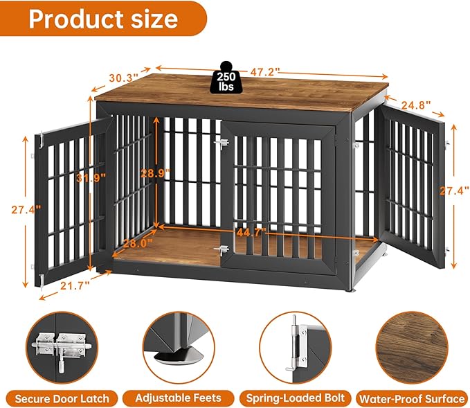 48" Heavy Duty Dog Crate Furniture for Small,Medium and Large Dogs,Rustic Wooden Dog Cage Kennel Indoor Furniture with Waterproof Top,Decorative Pet House Side End Table (Black &amp; Wood)