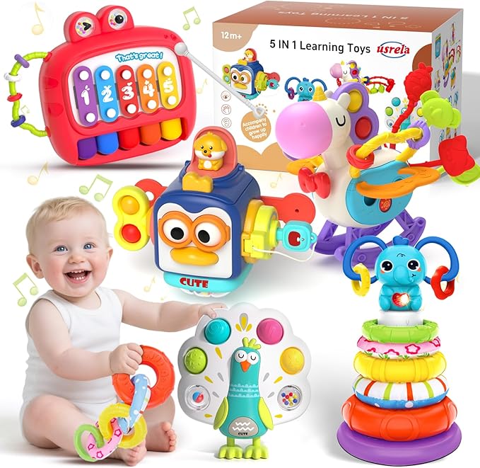 5 in 1 Baby Toy for 12 18 Month, Learning Toys for Babies 12-18 Months, Baby Busy Cube, Stacking&amp;Sensory, Pull String&amp;Piano Xylophone Toy, Birthday Gift for 12+ Month