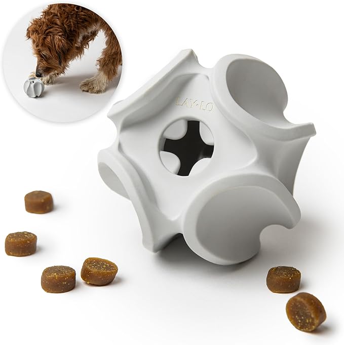 LAY LO Treat Dispensing Dog Toy – Natural Rubber Topple Toy for Chewing, Enrichment &amp; Mental Stimulation | Dog Treat Dispenser Puzzle | Dishwasher Safe | Includes Live Trainer Support