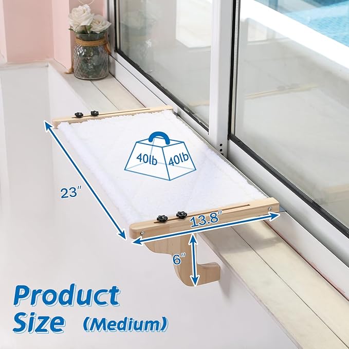Easy Seat Cat Perch for Window Sill - Hammock Design w/Pine Wood &amp; Robust Metal Frame - Cat Window Seat for Large Cats and Kittens (Natural Color Wood w/White Bed, Medium (23&