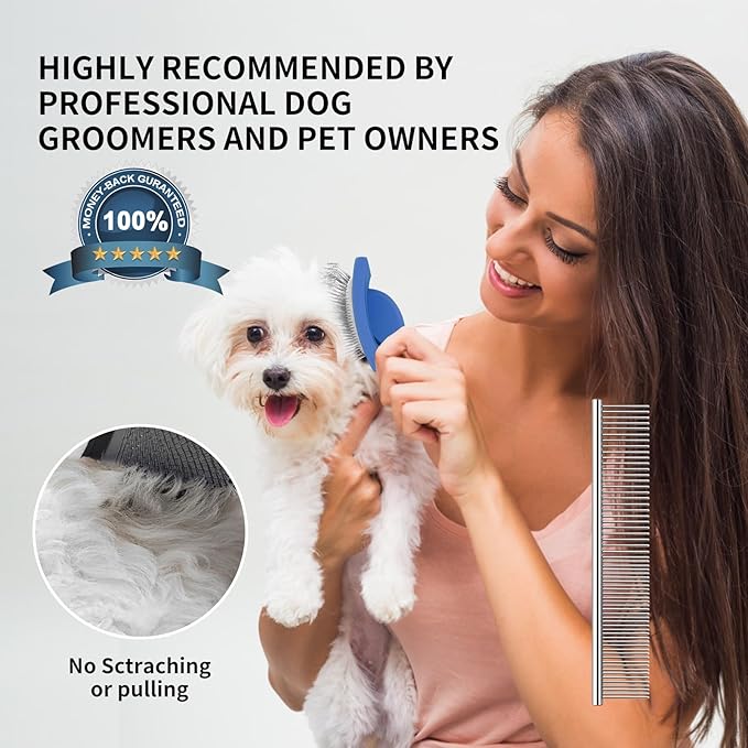 Slicker Brush for Dogs, Long Pin Dog Grooming Brush for Goldendoodles, Poodles, Doodles &amp; More, Includes Bonus Pet Comb, Perfect for De-Shedding, Dematting &amp; Reducing Tangles. Large, Blue
