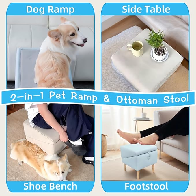 Split Ottoman Dog Ramp, Folding Pet Ramps Stairs for Couch, Pet Ramps Stairs for Small and Large Dogs, Holds up to 220 lbs (Blue - 2 Pads &amp; 2 Covers, One Size)