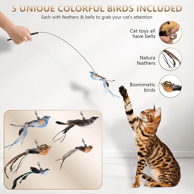 Cat Toys for Indoor Cats, Interactive Bird Cat Toy Self-Holding Suction Base with 5 Replaceable Birds, Door Hanging String, Feathers &amp; Bells | Chase, Jump &amp; Exercise for Kittens/Adult Cats