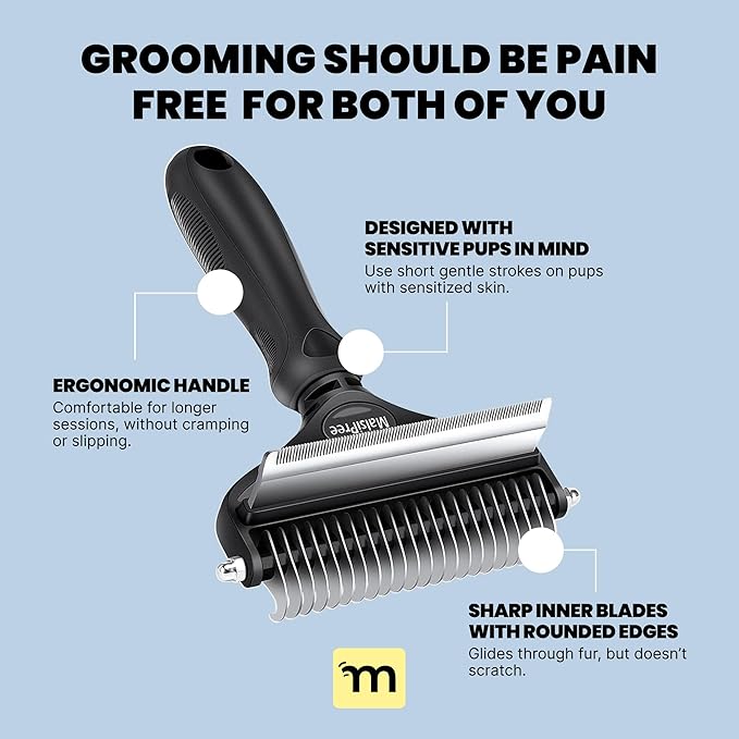 MalsiPree Dog Brush - Large, Black - 2-in-1 Undercoat Rake &amp; Dematting Rake - Shedding Brush &amp; Deshedding Tool for medium to Large Double-Coated Dogs &amp; Cats