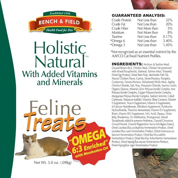 Bench &amp; Field Holistic Natural Healthy Kitty Cat Treats | Crunchy Fish-Shaped Bites | Delicious Seafood Flavored Snack, 3-Ounce (Pack of 2 Bottles)