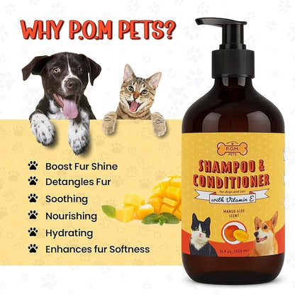 POM Pets 2-in-1 Organic Dog Shampoo &amp; Conditioner – Itchy Skin Relief, Dog Deshedding, Detangles Fur, Cat Shampoo, Paw Cleaner for Dogs, Natural Coat Defense Formula