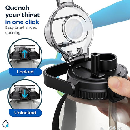 AQUAFIT 64 oz Water Bottle with Time Marker - 2in1 Straw &amp; Chug Lid - BPA Free Big Water Bottle with Straw - Gym Water Bottle with Strap - Water Jug (64 Ounces, Clarity)