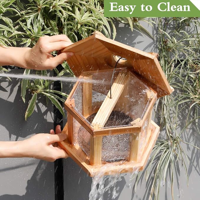 Solution4Patio Bird Feeder for Outdoors - USA Cedar Hexagon Gazebo Bird Feeders with Vented Mesh Tray, Easy-Clean &amp; Fill Design 9.6" Dia. X 8.7" H 3.2-lb Capacity