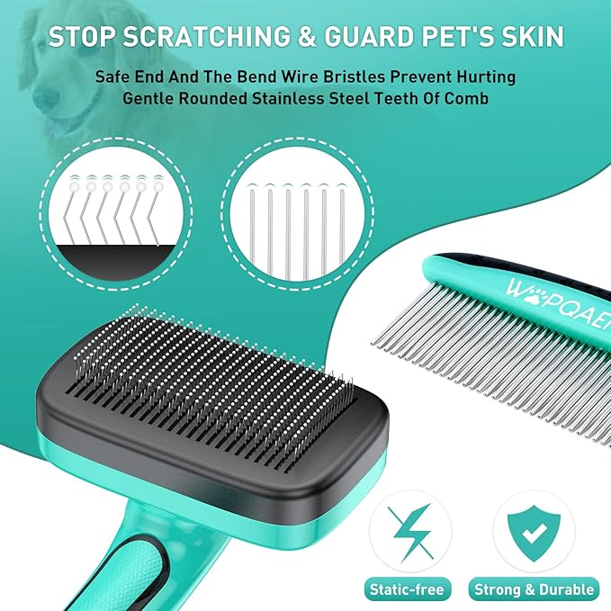 Dog Brush Kit for Grooming Short Long Haired Cats, 3 in 1 Dog Grooming Set for Small Animals, Puppy Self-Cleaning Slicker Brush for Shedding Medium &amp; Large Dogs. Free Pet Comb + Nail Clippers