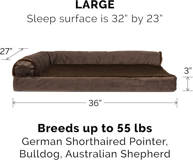 Furhaven Cooling Gel Dog Bed for Large/Medium Dogs w/ Removable Bolsters &amp; Washable Cover, For Dogs Up to 55 lbs - Plush &amp; Velvet L Shaped Chaise - Sable Brown, Large