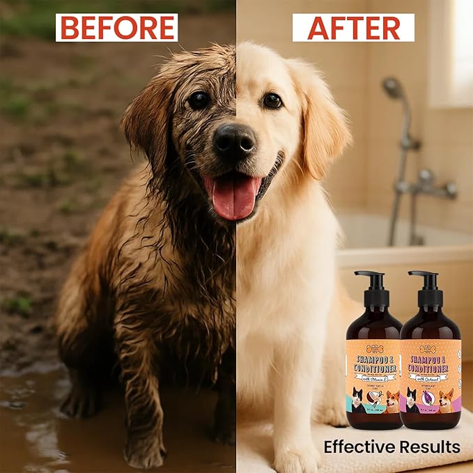 POM Pets 2 Pack 2-in-1 Organic Dog Shampoo &amp; Conditioner – Itchy Skin Relief, Dog Deshedding, Detangles Fur, Cat Shampoo, Paw Cleaner for Dogs, Natural Coat Defense Formula