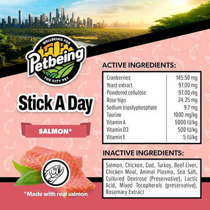 Stick a Day | Specially Formulated 7-in-1 Functions Daily Real Meat Supplement for Cats | Cat Chew Stick &amp; Pet Vitamins Supplements Combination (7-Pack x 4, Salmon)
