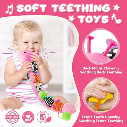 Baby Toys 0-6-12 Months,Musical Caterpillar Stuffed Animals Activity Infant Toys with Crinkle,Rattles,Mirror&amp;Pull String,Muti-Sensory Toys Gifts for Newborn Tummy Time,Candy Pink|Leafy