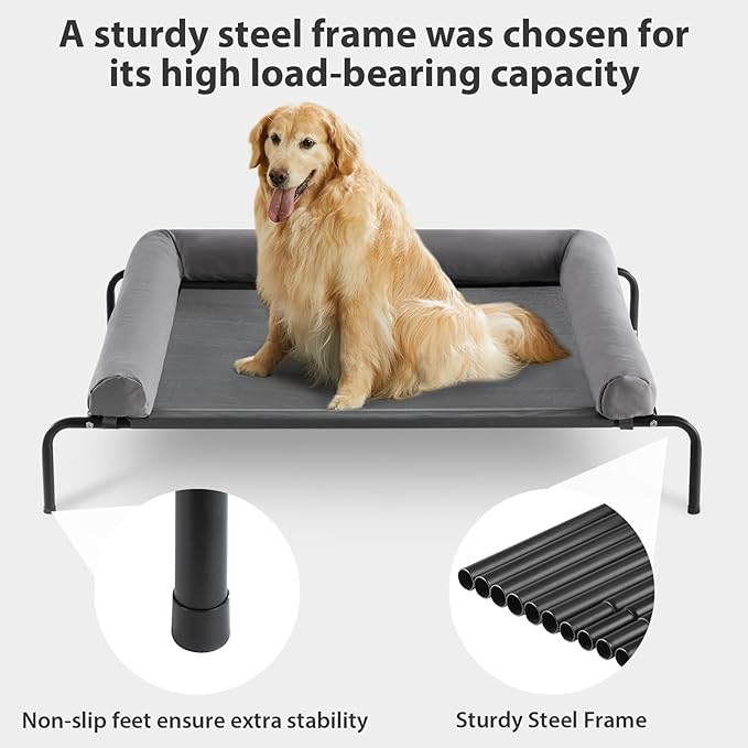 RRPETHOME Large Elevated Cooling Dog Bed, Raised Pet Cot Beds for Large Dogs, Elevated Outdoor Dog Bed, Chew Proof Portable Cooling Pet Cot with Skid-Resistant Feet and Breathable Mesh