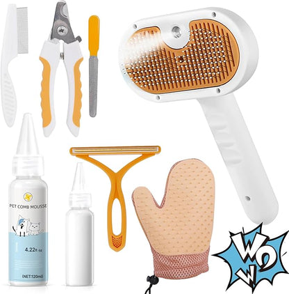 Pet Steam Brush for Dog &amp; Cat – 3-in-1 Spray Hair Removal Comb for Shedding &amp; Grooming Shedding Glove, Flea Comb, Couch Carpet Hair Removal Tool, Nail Toenail Clippers Nail File Shampoo-8PCS