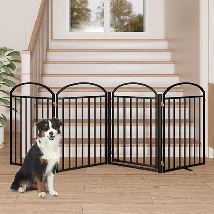 4 Panles Full Matel Freestanding Dog Gates with Door, 96"Extra Wide 32"Tall Free Standing Dog Pet Gate for Indoor &amp; Outdoor. Foldable Pet Fences for Doorways, House, Stairs, Porch, Deck, Yard