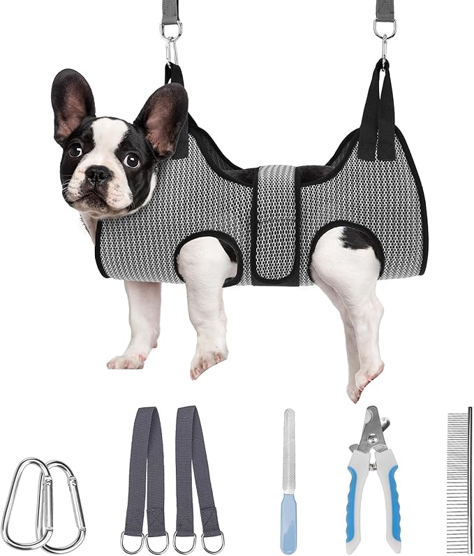 PAWCHIE Dog Grooming Hammock Harness for Dogs &amp; Cats with Pet Nail Clipper Trimmer- Breathable Cat Hanger Sling for Trimming Clipping Nails-Dog Hammock Restraint Bag for Small Medium Large Dog, Grey S