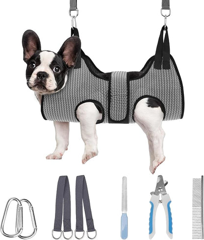 PAWCHIE Dog Grooming Hammock Harness for Dogs &amp; Cats with Pet Nail Clipper Trimmer- Breathable Cat Hanger Sling for Trimming Clipping Nails-Dog Hammock Restraint Bag for Small Medium Large Dog, Grey S