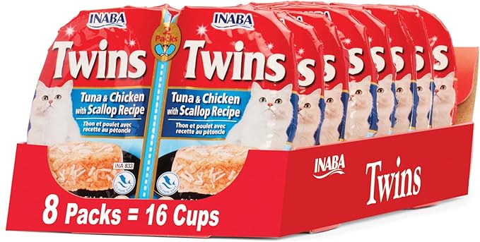 INABA Twins for Cats, Side Dish/Topper Cups, 1.23 Ounces per Serving, 16 Servings, Tuna &amp; Chicken with Scallop Recipe