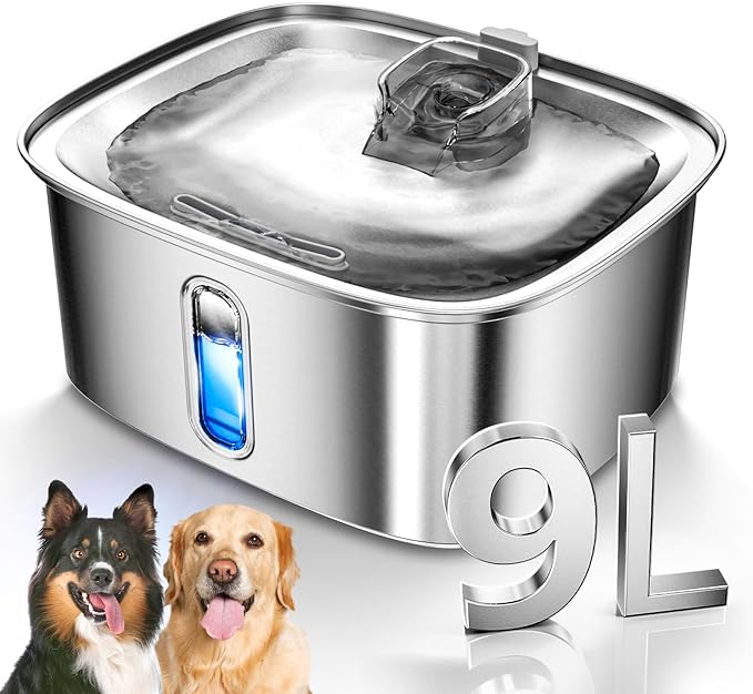 Dog Water Fountain for Large Dogs, 9L/2.4Gal Stainless Steel Dog Fountain with Water Level Window &amp; Filtration, Automatic Pet Water Bowl Dispenser Indoor, Super Quiet for Multi-Pet