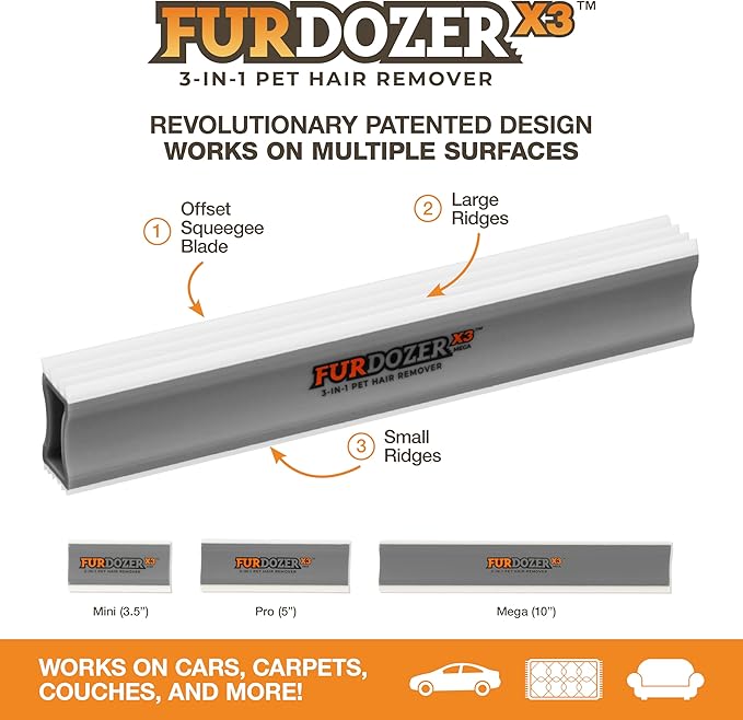 FurDozer X3 MEGA Pet Hair Remover &amp; Auto Detailing Tool - Cat &amp; Dog Hair Remover for Carpet, Car Interior, Couch, Bedding, &amp; Furniture - Reusable Pet Hair Removal Tool for Dog Fur &amp; Lint, 10", Grey