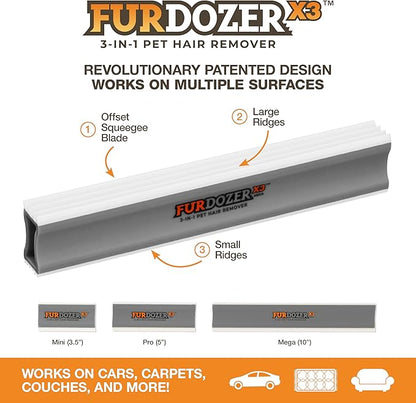 FurDozer X3 MEGA Pet Hair Remover &amp; Auto Detailing Tool - Cat &amp; Dog Hair Remover for Carpet, Car Interior, Couch, Bedding, &amp; Furniture - Reusable Pet Hair Removal Tool for Dog Fur &amp; Lint, 10", Grey