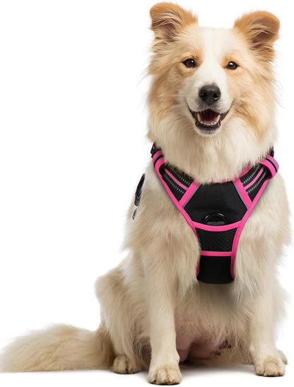 rabbitgoo Dog Harness No Pull with 2 Leash Clips, Adjustable Soft Padded, Reflective Oxford No Choke Pet Vest with Easy Control Handle for Large Dogs, Black &amp; Hot Pink, M