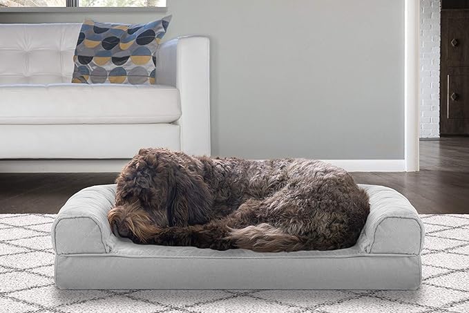 Furhaven Cooling Gel Dog Bed for Medium/Small Dogs w/ Removable Bolsters &amp; Washable Cover, For Dogs Up to 35 lbs - Quilted Sofa - Silver Gray, Medium