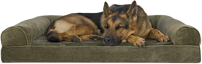 Furhaven Orthopedic Dog Bed for Large Dogs w/ Removable Bolsters &amp; Washable Cover, For Dogs Up to 95 lbs - Faux Fur &amp; Velvet Sofa - Dark Sage, Jumbo/XL