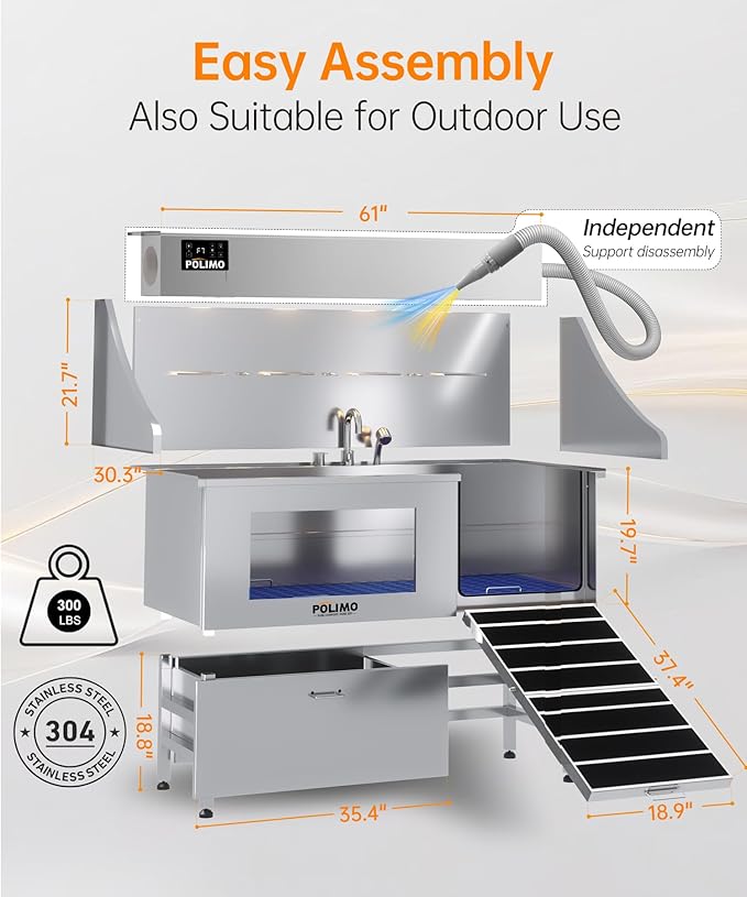 polimo Dog Wash Station with Pet Dryer &amp; LED, Professional Dog Bathing Station for Large, Medium &amp; Small Dogs – with Window, Ramp, Drawer, Floor Grate, LED Display &amp; Faucet (Right RAMP &amp; Dryer, 61")