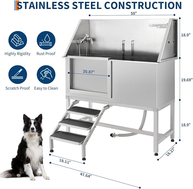 Stainless Steel Dog Washing Station - Dog Bath Tub for Large, Medium, Small Dogs, Pet Grooming Tub with Ramp, Non-Slip Grate, Shower, Soap Box, Faucet, Drain for Home &amp; Outdoor （Left RAMP, 50"）
