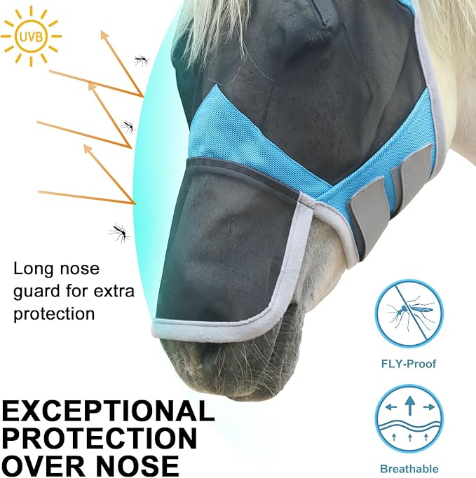 Horse Fly Mask with Ears &amp; Long Nose Cover | Forelock Opening for Tangle-Free Mane Care | UV Protection &amp; Breathable Mesh | No Rub Fit and Enhanced Visbility for Trail Riding Paleblue Full
