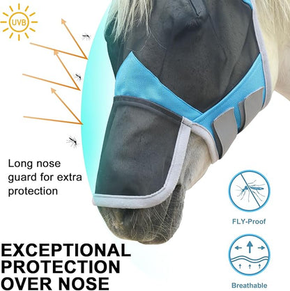Horse Fly Mask with Ears &amp; Long Nose Cover | Forelock Opening for Tangle-Free Mane Care | UV Protection &amp; Breathable Mesh | No Rub Fit and Enhanced Visbility for Trail Riding Paleblue Pony