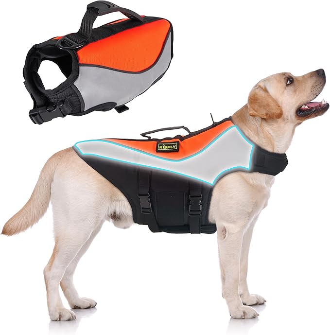 Heavy-Duty Reflective Dog Life Vest for Swimming - Adjustable Dog Flotation Vest with Rescue Handle, Pool &amp; Beach PFD Life Jacket for Large Dogs (XXXL, Orange)