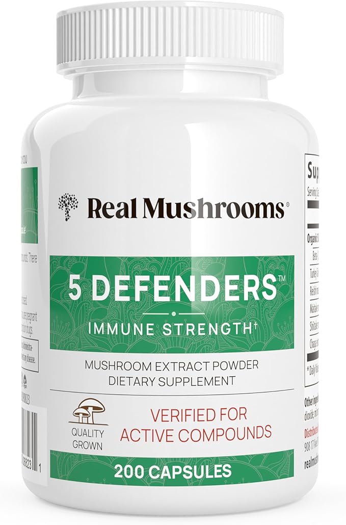 Real Mushrooms 5 Defenders Mushroom Complex – Organic Adaptogenic Mushroom Blend with Chaga, Reishi, Turkey Tail, Maitake &amp; Shiitake for Wellness Support - Mushroom Beta Glucan Capsules - 200 Count