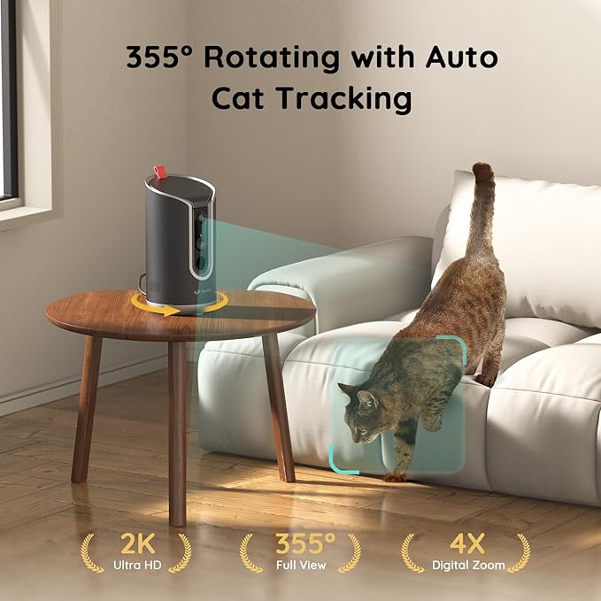 2K Pet Camera Treat Dispenser, AI Photo Album, Dog Camera with 360° Auto Tracking &amp; 5G/2.4G WiFi, 2-Way Talk, Remote Treat Tossing, Motion Alerts for Cats Indoor