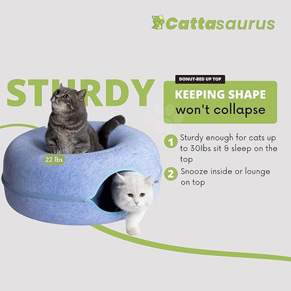 CATTASAURUS Peekaboo Cat Cave for Multiple &amp; Large Cats Up to 30-45 Lbs, Scratch Detachable &amp; Washable Tunnel Bed, Comfy Donut Cat Cave (Blue, Large)