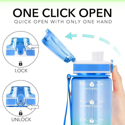 32oz Motivational Water Bottles with Time Marker &amp; Fruit Strainer, Transparent Gradient Color Water Bottle with Times to Drink, Leakproof &amp; BPA Free, Reusable Bottle with Strap (No Straw)