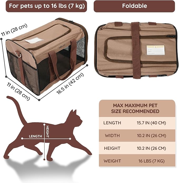 BELLA &amp; PAL Cat Carrier Travel Bag, Airline Approved Lightweight Cat Carrier, Soft Sided Pet Carrier for Puppy Dogs Up to 18lbs, Collapsible Kitten Bag with Removable Waterproof Mat, Ventilated Mesh