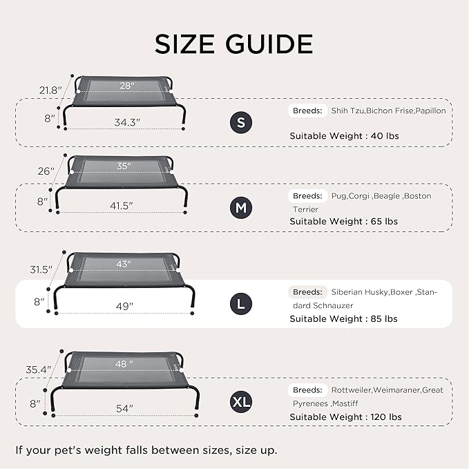 Bedsure Outdoor Elevated XL Dog Bed, Portable Indoor &amp; Outdoor Cooling Raised Cot Pet Hammock Bed with Skid-Resistant Feet, Frame with Breathable Mesh, Grey, 54 inches