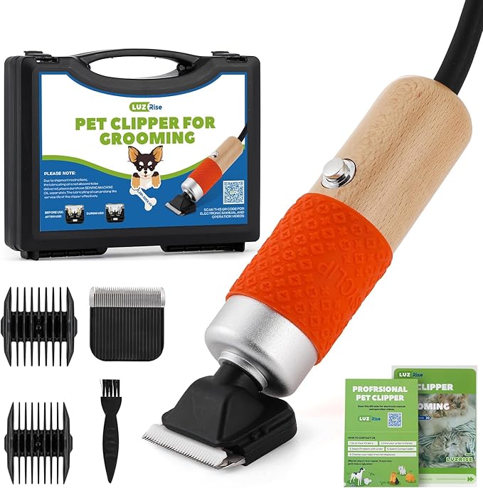 200W Pet Grooming Clippers for Thick Heavy Coats, 2000-6000rpm Stepless Speed Control &amp; 10ft Power Cord, Low Noise< 50db, Dog Trimmer Kit with Extra Detachable Blade &amp; 2 Limit Combs of 4 Sizes