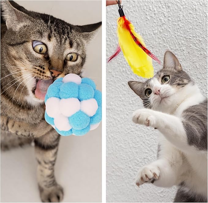 ZooZoo 14PCS Interactive Cat Feather Toy Set for Indoor Cats, Active Play Kit with Door Hanging Toy, Double-Sided Suction Cat Wand with Feathers, Mice &amp; Fur Balls, Encourages Hunting, Jumping, Chasing