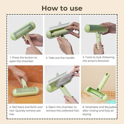 Reusable Pet Hair Remover - Lint Roller for Dog &amp; Cat Fur - for Furniture, Carpet, Clothing - Detachable Handle (White)