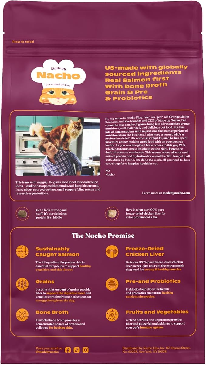 Made by Nacho Dry Cat Kibble 4lb Bag, High Protein Premium Cat Food with Freeze Dried Pieces, Sustainably-Caught Salmon, Whitefish &amp; Pumpkin, Limited Ingredients, Single Bag