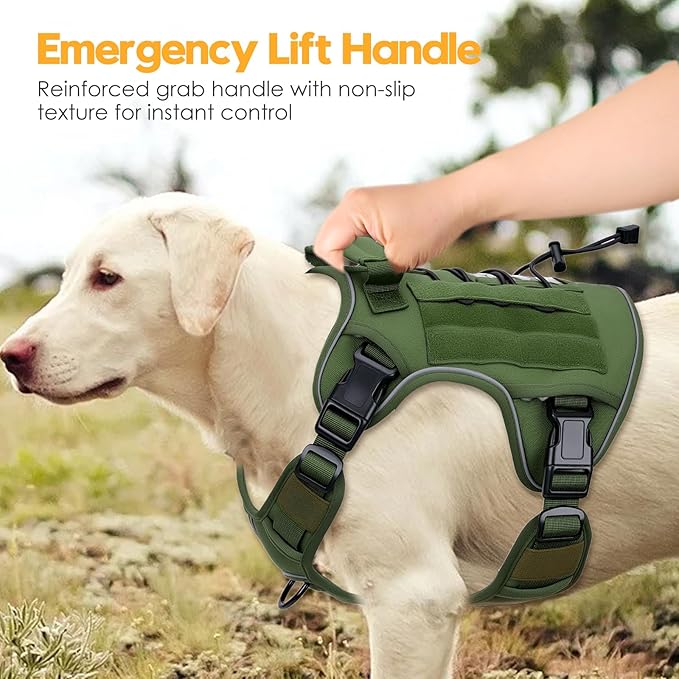 Heavy-Duty Tactical Dog Harness for Large Dogs, No Pull Adjustable Reflective Pet Vest with Molle System, K9 Military-Grade Control for Service Training, Outdoor &amp; 10+ Breeds, Green, XX-Large