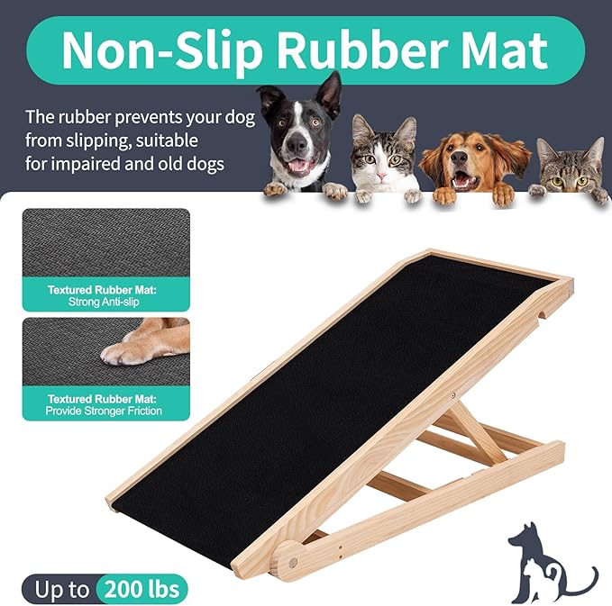 Dog Ramp, Adjustable Height Wooden Folding Pet Ramp for Bed, Couch,SUV-High Traction, Portable Paw Ramps for Small &amp; Large Old Dogs &amp; Cats - Furniture Quality