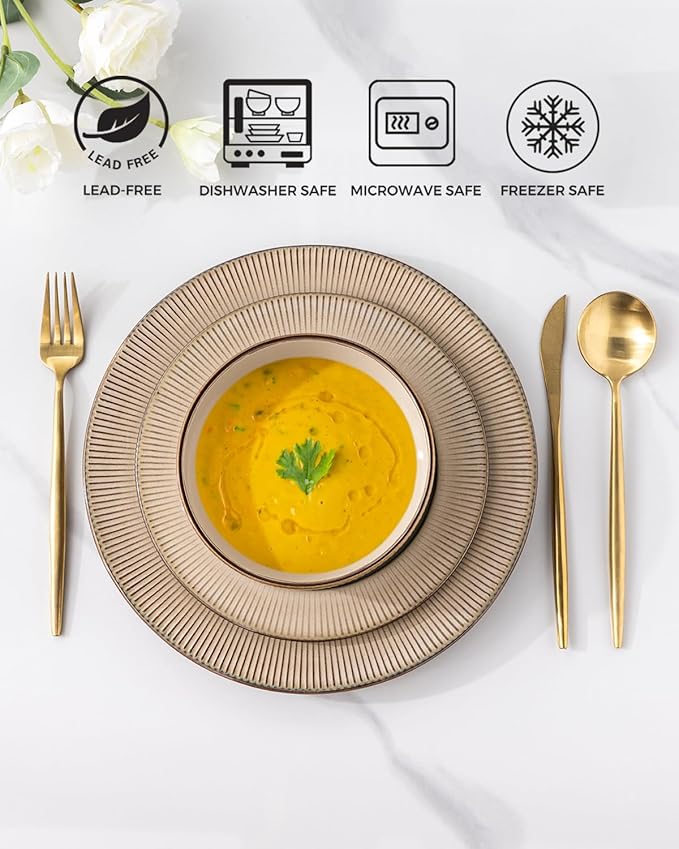 GBHOME Ceramic Dinnerware Sets, 18 Piece Embossed Elegant Stoneware Plates and Bowls Sets, Housewarming Wedding Gift | Dishwasher &amp; Microwave Safe | Dishes Set Service for 8