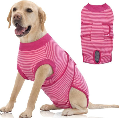 FUAMEY Recovery Suit for Dogs After Surgery,Soft Breathable Dog Bodysuit E-Collar &amp; Cone Alternative Surgical Suit,Male Female Dog Neuter Spay Suits Anti Licking Wounds Onesie Rose Stripes XL