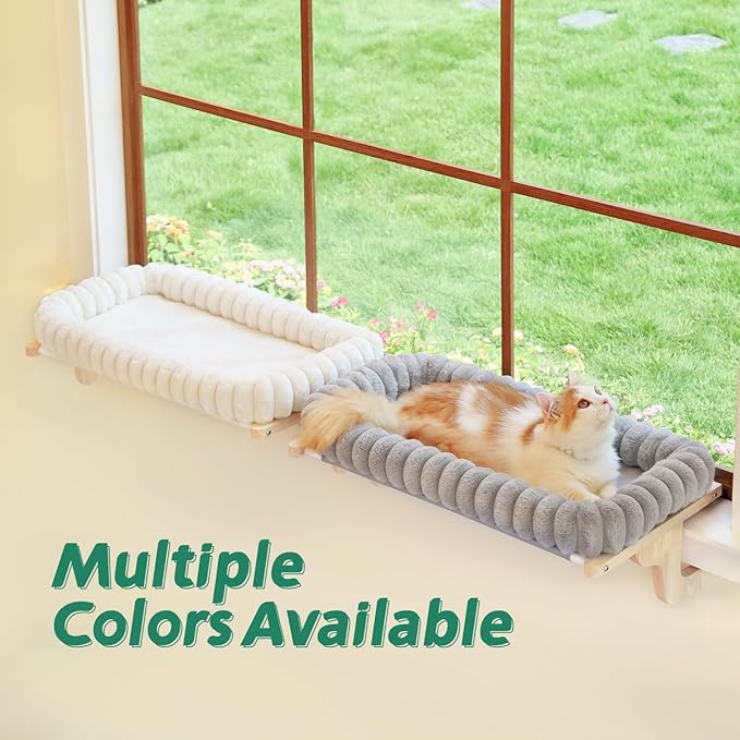 Cat Perch for Window Sill with 4-Sided Bolster - Orthopedic Cat Window Hammock - Solid Hardwood &amp; Metal Frame - Window Seat for Pets (Natural Color Wood w/Gray Bed, Medium)